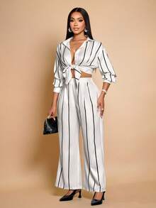 SOLERSUN Conjunto de Duas Peças de Roupas Femininas para o Outono e Inverno, Ideal para Uso Diário e Passeios Diurnos, Composto por Camisa de Mangas Longas com Estampa de Listras em Tons de Laranja Claro e Preto, Corte Solto, Pregas, Botões e Bainha Curva, e Calça de Perna Reta com Cintura Elástica. - Damasco - Visão 1