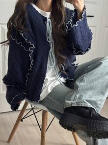 FRIFUL 女士撞色抽绳领罗纹纹理休闲加厚开衫 - 藍色 - 查看 6