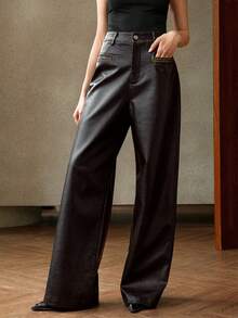 Anewsta Petite Women's Elegant & Fashionable Leather Pants, Autumn/Winter - Black - View 6