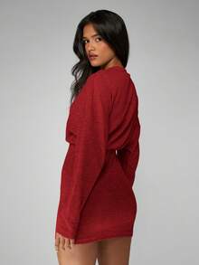 MISSGUIDED Robe pull côtelée à manches longues, moulante, pour l'automne et l'hiver. Robe pull décontractée pour Noël - Rouge foncé - Voir 2