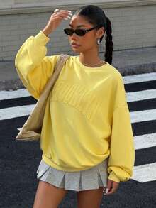 Muchica Women's Cream Yellow Letter Embroidered Loose Pullover Sweatshirt, Autumn/Winter Clothes For Going Out Outfits, Back To School, Streetwear, Y2K Clothes