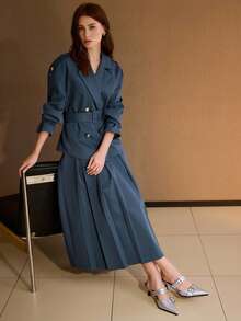 MOTF PREMIUM 经典翻领宽松利落简约百搭长袖金属纽扣装饰常规款女士风衣，秋冬季 - 藏蓝色 - 查看 6