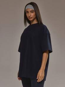 Musera Sport Oversized Soft Touch Fleece T-Shirt Padel Autumn Fall  Activewear Sport Gym Workout Yoga Pilates Fitness Daily Casual - Navy Blue - View 2