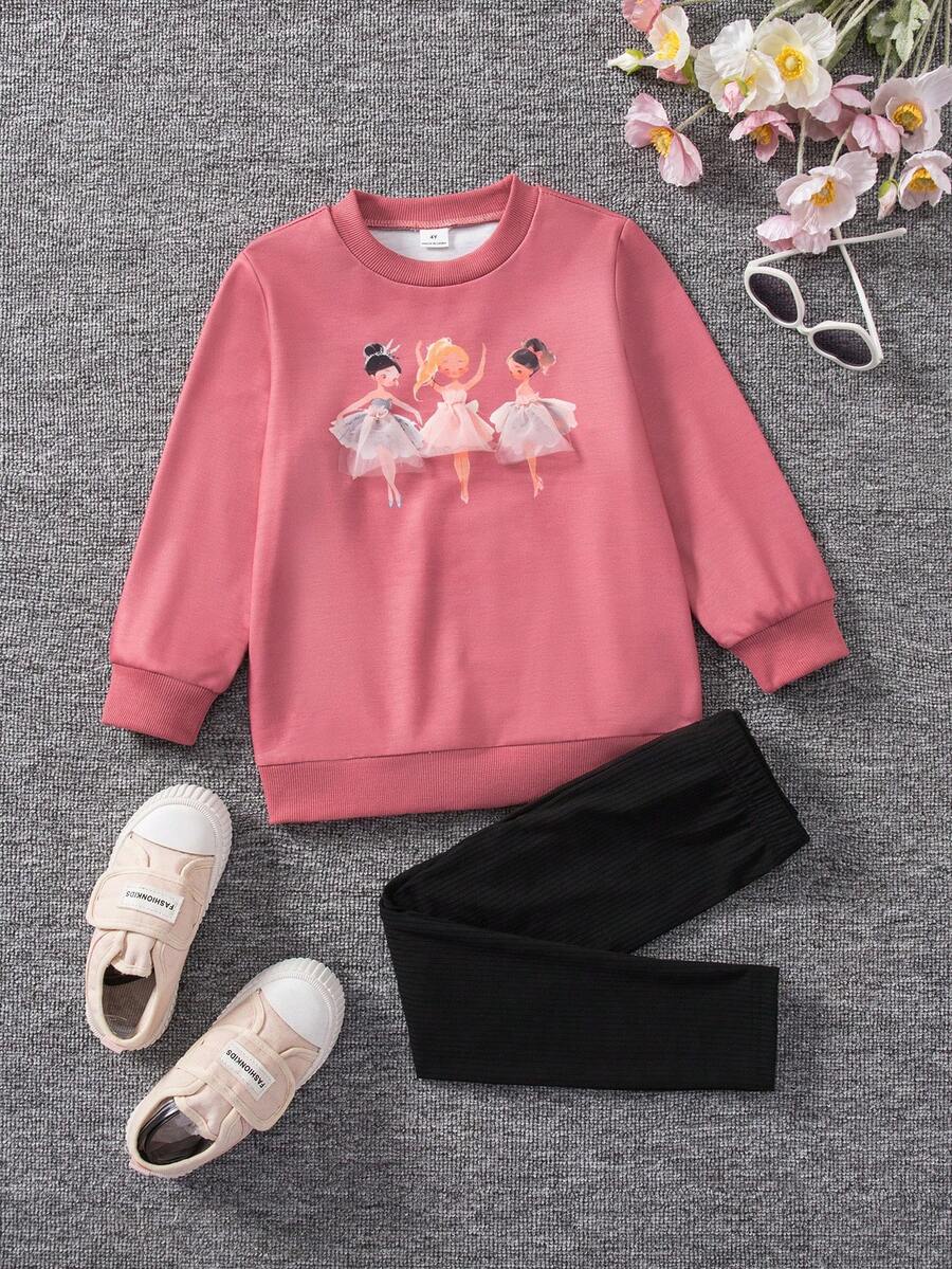 SHEIN 2 Stücke/Set Sweatshirt mit Aufdruck einer jungen Balletttänzerin und Hose, lässiger Outfit