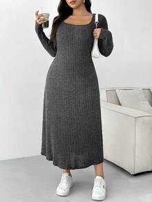 SHEIN EZwear 大码休闲纯色圆领长袖连衣裙，秋季 - 灰色 - 查看 5