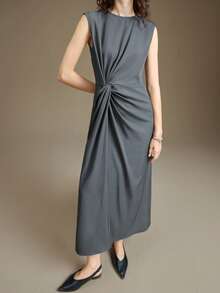 Ontre Abito da completo senza maniche con vita attorcigliata, elegante stile urbano chic, versatile per l'ambiente lavorativo, affari, casual, occasioni formali, adatto per ospiti di matrimoni, padroni di casa, appuntamenti, feste, concerti, uso quotidiano, Ognissanti, Natale, Festa Nazionale, Capodanno - Grigio - Visualizzare 2