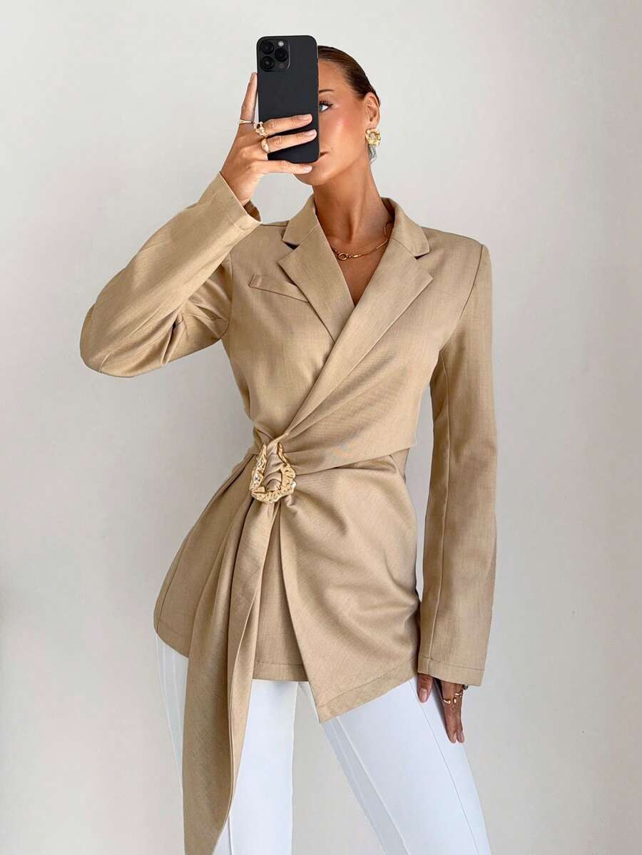 Siren Gaze Áo khoác Blazer nữ cổ ve trơn màu dài tay trang trí kim loại thời trang dành cho nữ Áo khoác Blazer nữ Áo khoác Blazer nữ Áo khoác đầm màu nâu - Màu Khaki - Xem 1