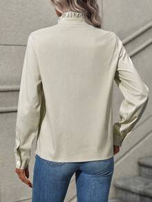 SHEIN LUNE 休闲通勤条纹荷叶边下摆衬衫，秋季 - 卡其色 - 查看 2