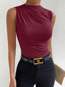 SHEIN PETITE 女士休闲日常通勤简约纯色褶皱漏斗领修身背心，夏季 - 酒紅色 - 查看 5