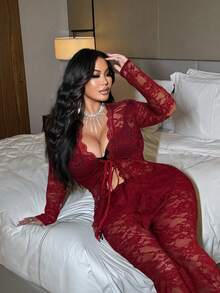 NU&NOW Conjunto de 2 piezas de top de manga larga y pantalones con adorno de encaje, talla grande y sexy - Rojo - Ver 1