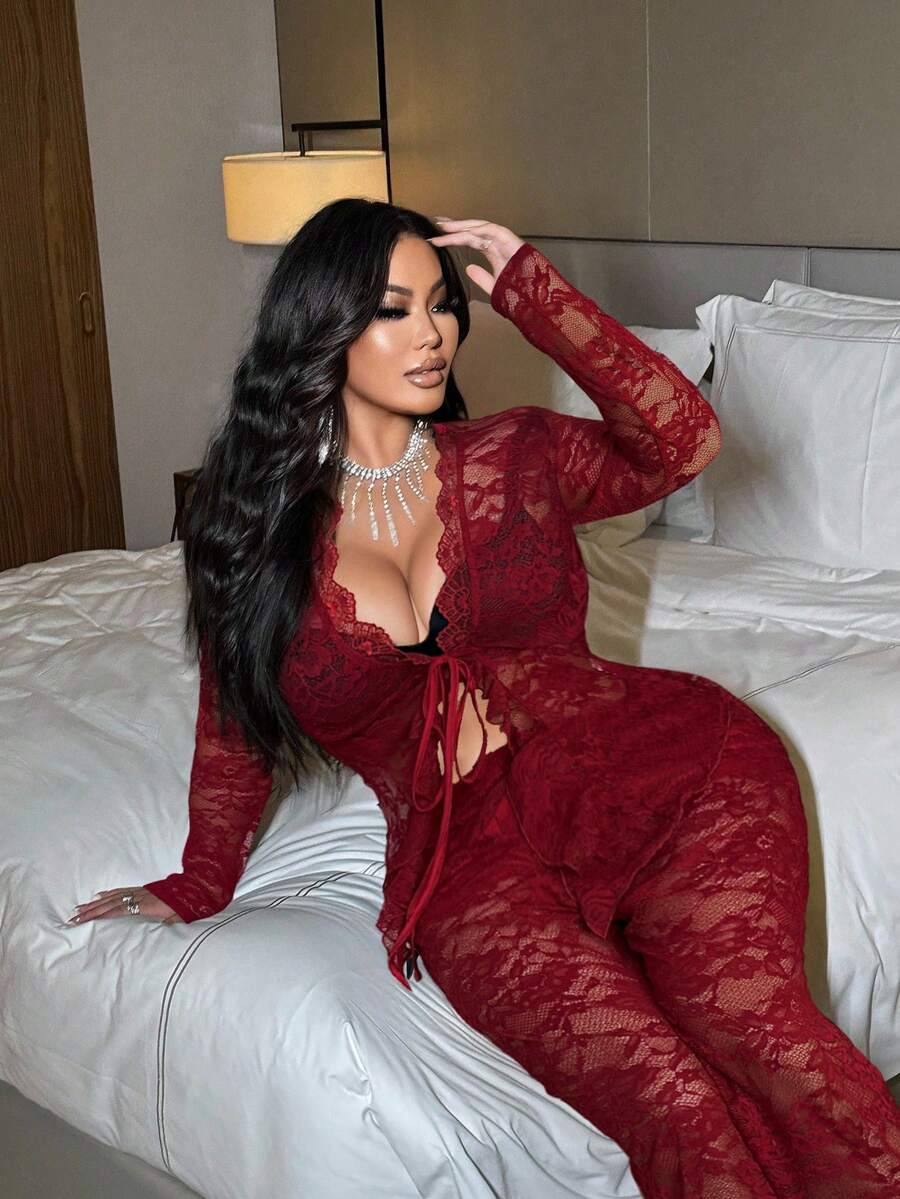 NU&NOW Conjunto de 2 piezas de top de manga larga y pantalones con adorno de encaje, talla grande y sexy - Rojo - Ver 1