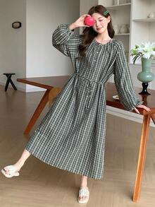 DAZY Plaid Lantern Sleeve Women's Casual Lounge Dress, Winter, Moo Moo Night Dress Pajamas - Green - View 5