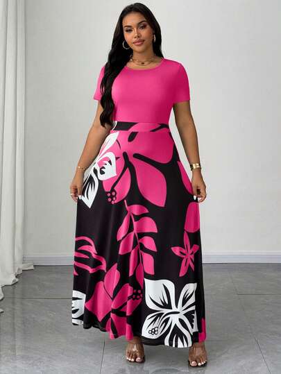 Maweii Plus Size Women Summer Casual Vacation Style Patchwork Floral Print Waist Tie Dress