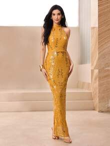 Modelyn 优雅亮片刺绣修身奢华女式连衣裙 - 黃色 - 查看 3