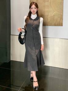 DAZY Đầm chữ A không tay màu trơn thanh lịch dành cho nữ, đầm mùa thu. - Màu xám đen - Xem 8