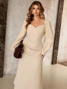 Roveilla 大码女士优雅黄色方领泡泡袖收腰连衣裙，春秋季 - 卡其色 - 查看 3