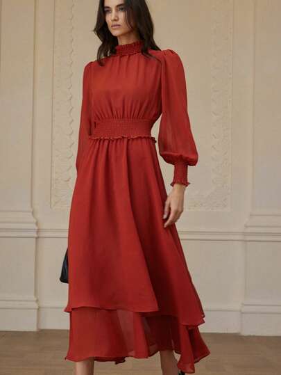 GENKIRA Vestido de manga larga con cuello alto y cintura ceñida, estilo vintage elegante. El corte preciso acentúa la cintura, adecuado para el uso diario y citas de fin de semana.
