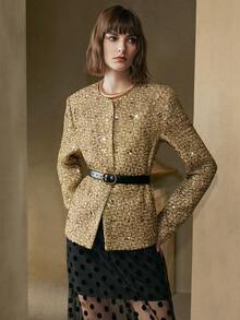 EMERY ROSE 女士亮片金属纱线面料圆领落肩长袖装饰花卉图案休闲外套 - 金色 - 查看 3