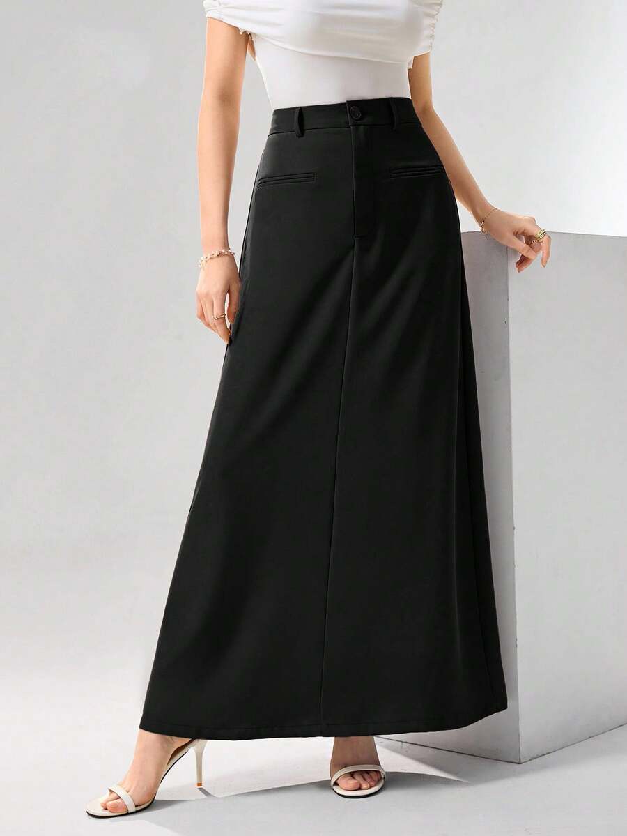 Heiryn 女士纯色口袋拉链优雅半身裙 - 黑色 - 查看 1