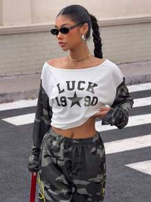 Muchica 女士迷彩拼接宽松露肩T恤，适合外出、街头、朋克风和Y2K风格。 - 白色 - 查看 7