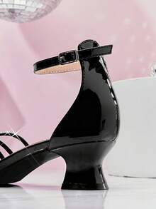 Mini mi Girls' Rhinestone Strap Kitten Heels In Glossy Black – Elegant & Fun For Little Princess - Black - View 6