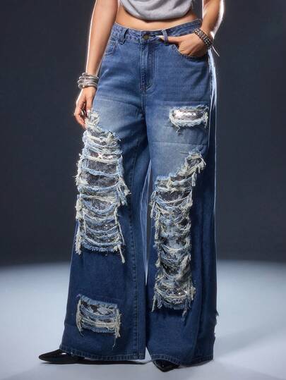 ROMWE Avant Jeans à jambe large avec design patchwork pailleté et délavé, pour soirée