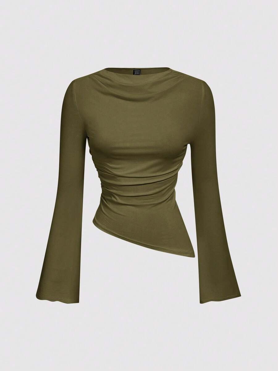 SHEIN MOD Ruched Round Neck Flare Sleeve Waist Gathered Asymmetric Hem Apricot Versatile T-Shirt - Army Green - View 1