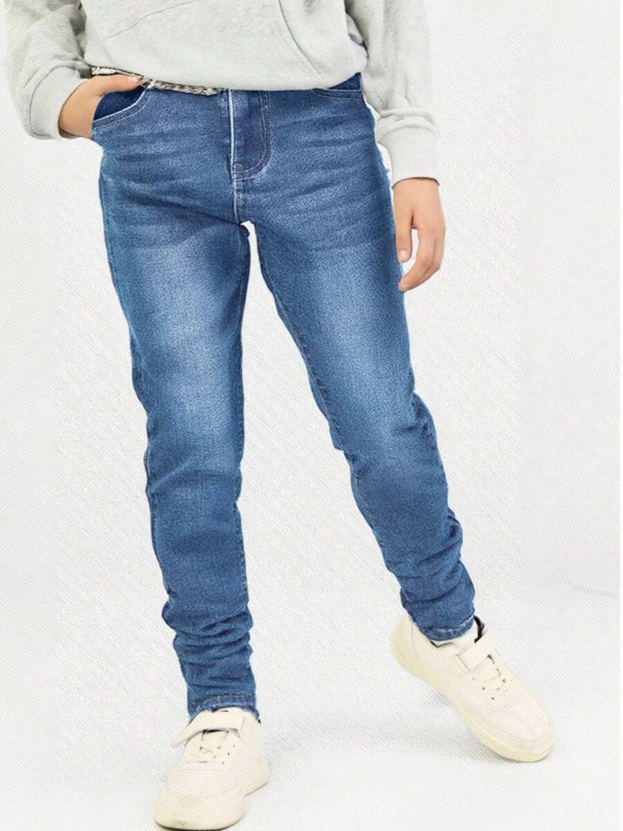 SHEIN Tween Boys' Solid Color Casual Skinny Fit Distressed Denim Jeans, Suitable For Spring/Summer - Light Wash - View 1