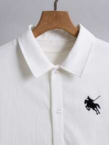 男童新款刺绣装饰白色修身长袖衬衫，返校衬衫，男童白色衬衫，带马刺绣图案的白色衬衫 - 白色 - 查看 5