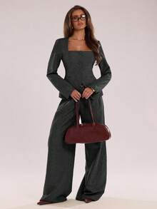 SHEIN BAE Distinctive Square Collar Design Office Blazer - Dark Grey - View 3
