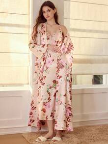MOTF PREMIUM FLORAL PRINT CONTRAST PIPING ROBE - Pink - View 1