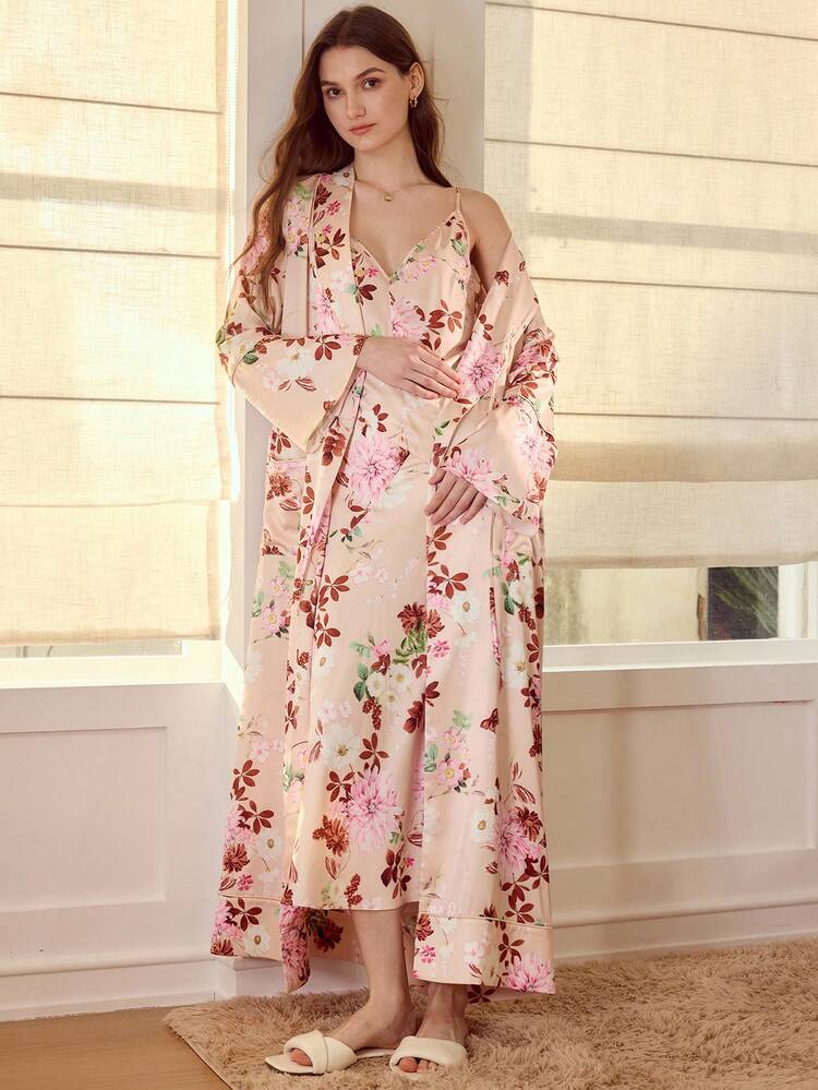 FLORAL PRINT CONTRAST PIPING ROBE
