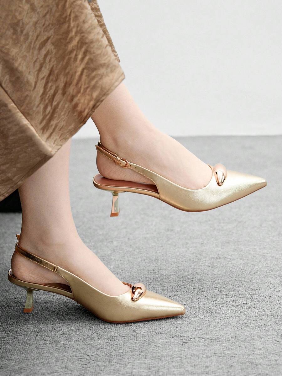 CUCCOO BIZCHIC Giày cao gót hở mũi kim loại màu vàng cho nữ, Giày cao gót da giả thời trang thanh lịch, phù hợp với mọi phong cách, Giày đi làm, Giày dự tiệc trang trọng, Giáng sinh, Lễ tạ ơn, Năm mới - Vàng - Xem 1