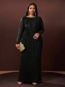 Veslaya Hàng mới về Thu/Đông, Thanh lịch & Dự tiệc & Hẹn hò & Buổi tối & Lễ tốt nghiệp & Sinh nhật & Đám cưới, Đầm maxi dài tay xếp ly dáng chữ A màu xanh lá cây trơn, phối lưới, cỡ lớn - A - màu đen - Xem 5