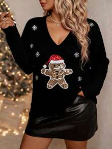 EMERY ROSE Suéter plus size de cor sólida com decote em V e bordado de boneco de neve natalino com lantejoulas. Suéter de tricô casual e elegante para o Natal, volta às aulas, férias, escritório e outono/inverno.