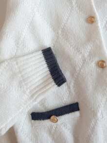 PrepCrw 1pc Tween Girls Elegant Urban Party Versatile Comfortable Warm Black Collar Colorblock Long Sleeve Knit Cardigan, Suitable For Casual Outings, Gatherings, Holidays, Parties, Autumn/Winter