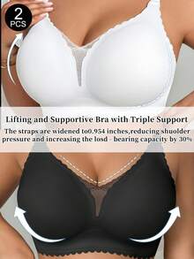 SHEIN 2 chiếc áo ngực không gọng mỏng có đệm mút mỏng thời trang tối giản màu trơn thoải mái không đường may ren vá không dây nâng ngực cỡ lớn - Nhiều màu - Xem 1