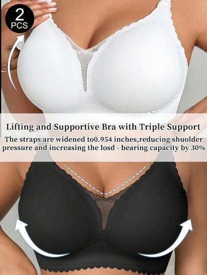 SHEIN 2pcs Casual-Comfy Fashion Minimalist Solid Color Comfortable Seamless Lace Patchwork Wireless Wide Strap Lift Wave Hem Thin Padded Plus Size Bra