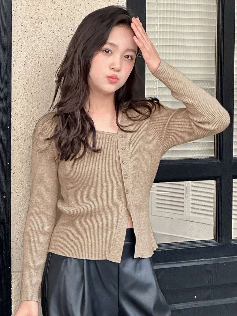 DAZY 少女休闲不对称罗纹开衫