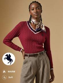 Briarwyn 女士时尚休闲粗针织V领圣诞毛衣 - 紅色 - 查看 2