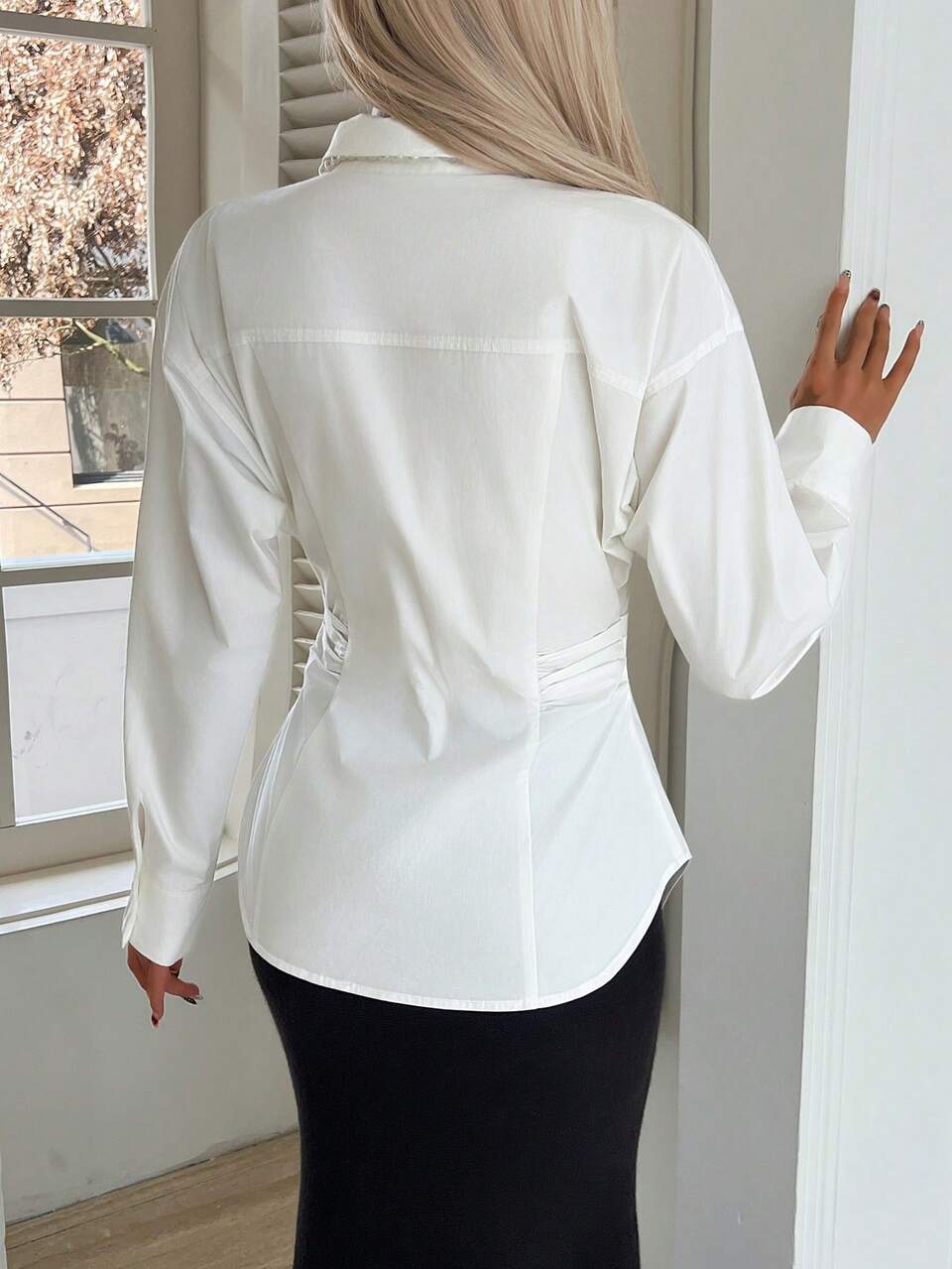 Women's Casual Solid Color Pleated Shirt, Autumn
