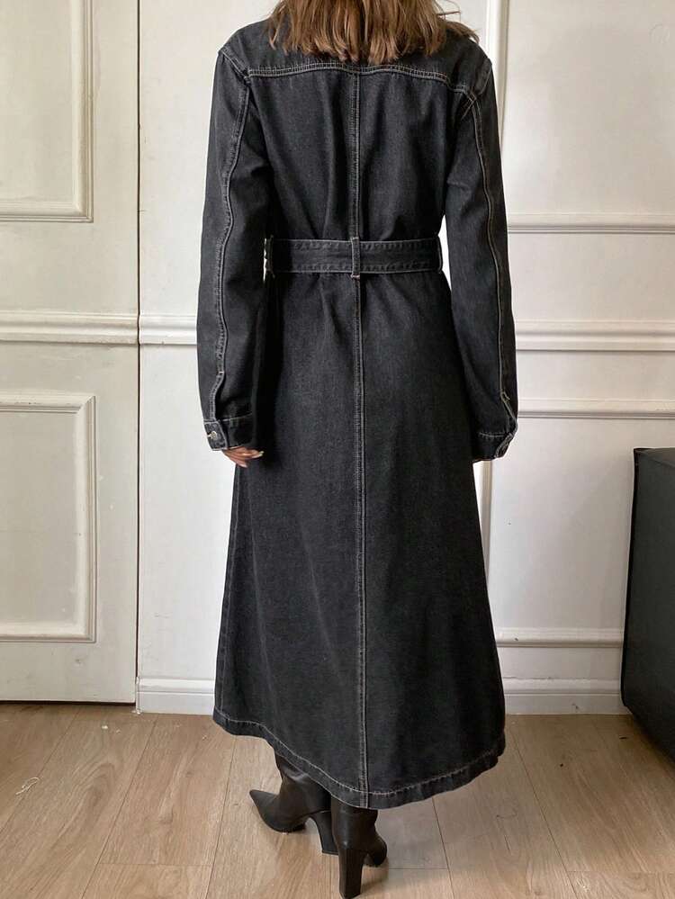 Women's Casual Washed Pocket Belt Denim Dress, Autumn