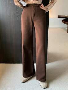 DAZY 女士休闲宽松水洗阔腿牛仔裤，秋季款 - 棕色 - 查看 7