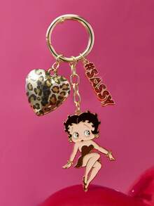 Betty Boop x SHEIN 锌合金女士钥匙扣包包挂件豹纹立体爱心吊坠闪粉，适合挂在包包和钥匙上，礼品收藏纪念，送礼佳品，派对，节日，情人节 - 彩色 - 查看 2