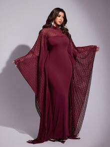 Viva Relle Women Summer Elegant Lace-Patterned Patchwork Bell Sleeve Dress For Burgundy,Winter,Wedding,Christmas,New Year's,Valentine's Day,Parties, Fall - Red - View 1