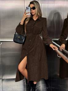Almamuse Đầm tay đèn lồng cài nút phía trước màu trơn thường ngày cho nữ, mùa thu - Cà phê nâu - Xem 2