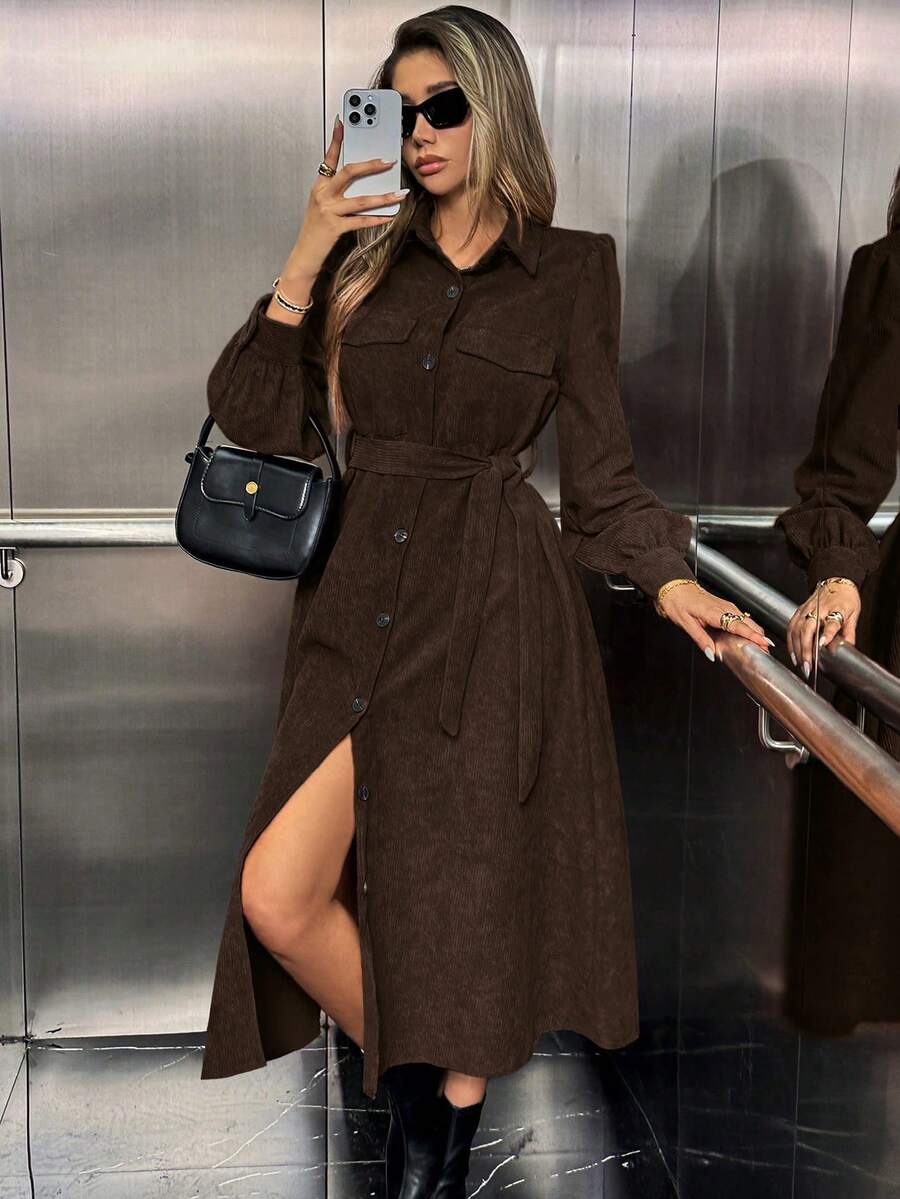 Almamuse Đầm tay đèn lồng cài nút phía trước màu trơn thường ngày cho nữ, mùa thu