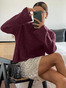 Livesso Suéter Casual Feminino de Gola Careca com Paetês, Outono - Vinho - Visão 5