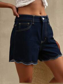 Livesso 女式宽松休闲度假风牛仔短裤，夏季 - 深色水洗藍 - 查看 2
