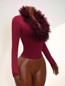 BamGleam Women's Casual Tie-Up Fitted Faux Fur Splice Long Sleeve T-Shirt - Burgundy - View 4
